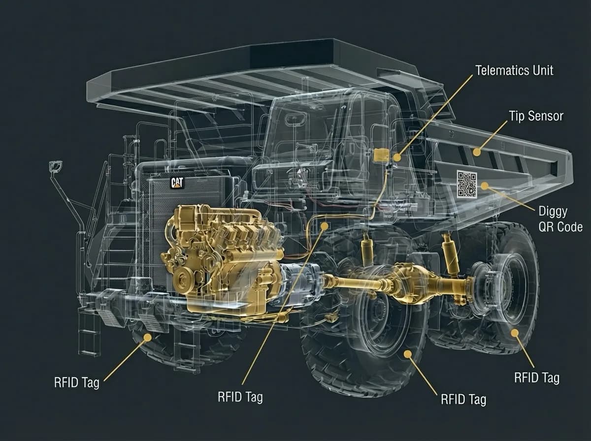 Haul truck x-ray cutaway showing telematics unit, tip sensor, QR code, and RFID tag placement